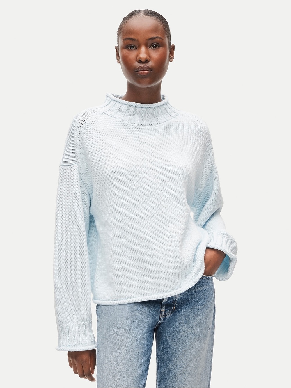 J. Crew 2025 Rollneck Sweater Medium Sheer Blue Long Sleeve Cotton Oversized